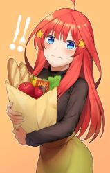 Rule 34 | 1girl, ahoge, apple, bag, baguette, black sweater, blue eyes, bread, brown background, closed mouth, commentary request, embarrassed, food, fruit, go-toubun no hanayome, green skirt, groceries, grocery bag, hair ornament, light blush, long hair, long skirt, looking at viewer, nakano itsuki, paper bag, pocky, red hair, red pepper, shopping bag, simple background, skirt, star (symbol), star hair ornament, sweatdrop, sweater, tsuchifumazu