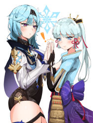 Rule 34 | !, 2girls, armor, ayaka (genshin impact), blue hair, blunt bangs, blush, cape, cowboy shot, dress, eula (genshin impact), fingerless gloves, from side, genshin impact, gloves, hair ornament, hair ribbon, half-closed eyes, highres, holding hands, japanese armor, japanese clothes, leotard, looking at viewer, multiple girls, ponytail, ribbon, sic lazy jung, simple background, smile, standing, sweatdrop, thighhighs, white background, white hair