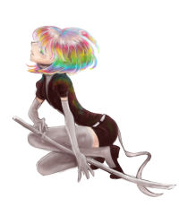 Rule 34 | 10s, androgynous, bad id, bad pixiv id, diamond (houseki no kuni), elbow gloves, flat chest, from side, full body, gender request, gloves, gradient hair, holding, holding weapon, houseki no kuni, katana, leaning forward, miwayama, mtmiwa404, multicolored eyes, multicolored hair, profile, puffy sleeves, rainbow eyes, rainbow hair, sash, shoes, short hair, short sleeves, simple background, solo, squatting, sword, thighhighs, tiptoes, turtleneck, unitard, weapon, white background, white gloves, white thighhighs, zettai ryouiki