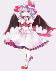 Rule 34 | 1girl, ascot, back bow, bat wings, blue hair, bow, dot nose, frilled shirt, frilled shirt collar, frilled skirt, frilled socks, frills, full body, grey background, hair between eyes, hat, hat bow, hat ribbon, hiyuu (hiyualice), large bow, mary janes, medium hair, mob cap, open mouth, own hands together, pink hat, pink shirt, pink skirt, puffy short sleeves, puffy sleeves, red ascot, red bow, red eyes, red footwear, red ribbon, remilia scarlet, ribbon, ribbon-trimmed headwear, ribbon trim, shirt, shoes, short sleeves, simple background, skirt, socks, solo, standing, steepled fingers, touhou, white socks, wings, wrist cuffs