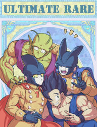 Rule 34 | 4boys, :d, ^ ^, antennae, arm around shoulder, belt, biceps, black belt, black hair, black nails, black wristband, blue cape, blush, buttons, cape, closed eyes, closed mouth, collarbone, colored sclera, colored skin, commentary request, double-breasted, dougi, dragon ball, dragon ball super, dragon ball super super hero, fang, fingernails, gamma 1, gamma 2, green skin, grey skin, grin, hand on another&#039;s shoulder, hand up, highres, jacket, koukyouji, long sleeves, looking at viewer, male focus, multiple boys, muscular, muscular male, namekian, notice lines, one eye closed, open mouth, pants, pectorals, piccolo, pointy ears, red cape, red sash, round teeth, sash, sleeve cuffs, smile, son gohan, spiked hair, teeth, tongue, w, wide-eyed, wristband, yellow jacket, yellow pants, yellow sclera