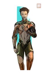 Rule 34 | 1boy, a106, absurdres, android, atom: the beginning, atom (tetsuwan atom), boots, brown hair, clenched hand, cowboy shot, hand on own chest, highres, joints, male focus, aged up, open mouth, robot joints, topless male, short hair, shorts, signature, simple background, tetsuwan atom, white background, yooeun jang