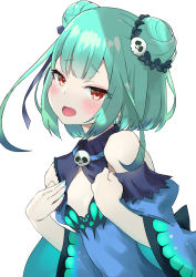 Rule 34 | 1girl, animal print, blue dress, blue hair, blue nails, blush, breasts, butterfly print, center opening, commentary, detached sleeves, double bun, dress, gradient hair, green hair, hair bun, hair ornament, hands on own chest, highres, hololive, looking at viewer, multicolored hair, nail polish, open mouth, red eyes, short hair, simple background, skull hair ornament, small breasts, solo, two-tone hair, upper body, uruha rushia, uruha rushia (1st costume), virtual youtuber, white background, wide sleeves, yoyoshi renga