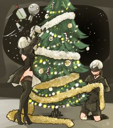 Rule 34 | 1boy, 1girl, 1other, 2b (nier:automata), 9s (nier:automata), back cutout, bauble, black blindfold, black choker, black dress, black gloves, black hairband, black thighhighs, blindfold, boots, candy, choker, christmas, christmas lights, christmas ornaments, christmas tree, clothing cutout, commentary, covered eyes, decorating, decorations, dress, drone, english commentary, feather-trimmed sleeves, food, full body, gloves, hairband, high heel boots, high heels, kokomi (aniesuakkaman), long sleeves, nier:automata, nier (series), out of character, pod (nier:automata), short hair, side slit, signature, silver hair, space, spacecraft interior, thigh boots, thighhighs, thighhighs under boots