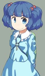 Rule 34 | 1girl, arms behind back, backpack, bag, blue eyes, blue hair, blunt bangs, dress, hair bobbles, hair ornament, highres, kawashiro nitori, key, long sleeves, looking at viewer, matching hair/eyes, monosenbei, no headgear, no headwear, no nose, shirt, simple background, skirt, skirt set, smile, solo, touhou, twintails, two side up, upper body