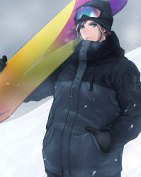 Rule 34 | 1boy, alternate costume, beanie, beckey9415, blonde hair, blue eyes, cloud strife, coat, final fantasy, final fantasy vii, final fantasy vii remake, gloves, grey sky, hat, highres, icicle inn, sky, snow, snowboard, snowing, solo, square enix, winter clothes