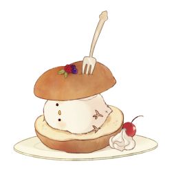 Rule 34 | ayu (mog), bird, bread, cherry, chick, food, food focus, fork, fruit, no humans, original, plate, raspberry, solid circle eyes, whipped cream