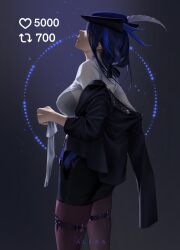 Rule 34 | 1girl, blue hair, blue hat, bra visible through clothes, breasts, clorinde (genshin impact), collared shirt, cowboy shot, dangle earrings, earrings, from behind, genshin impact, gloves, hat, hat feather, highres, holding, holding clothes, holding gloves, jacket, jewelry, large breasts, like and retweet, m alexa, meme, miniskirt, pantyhose, see-through, shirt, skirt, solo, thigh strap, tricorne, twitter strip game (meme), unworn jacket, white shirt