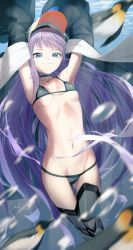 Rule 34 | 1girl, animal hood, armor, armpits, arms up, bare shoulders, bikini, bird, black bikini, black jacket, blue bow, blue eyes, bow, breasts, choker, chorogon, closed mouth, collarbone, commentary, fate/grand order, fate (series), greaves, hood, hood up, hooded jacket, jacket, long hair, long sleeves, looking at viewer, meltryllis, meltryllis (fate), meltryllis (swimsuit lancer) (fate), meltryllis (swimsuit lancer) (first ascension) (fate), navel, open clothes, open jacket, penguin, penguin hood, prosthesis, prosthetic leg, purple hair, sleeves past fingers, sleeves past wrists, small breasts, smile, swimsuit, thighs, very long hair