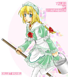 Rule 34 | 00s, 1girl, blonde hair, blue eyes, character name, colette brunel, copyright name, maid, official alternate costume, pantyhose, ponytail, solo, tales of (series), tales of symphonia, white pantyhose