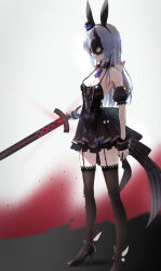 Rule 34 | 1girl, animal ears, backless dress, backless outfit, bare shoulders, black dress, black footwear, black hat, black thighhighs, blue hair, bow, breasts, cleavage, closed mouth, commentary, detached sleeves, don-chan (usada pekora), dress, excalibur (fate/stay night), excalibur morgan (fate), fake animal ears, fate (series), fishnet thighhighs, fishnets, garter straps, hat, highres, holding, holding sword, holding weapon, hololive, large bow, long hair, mask, mini hat, mini top hat, multicolored hair, official alternate costume, puffy detached sleeves, puffy short sleeves, puffy sleeves, rabbit ears, rabbit mask, short dress, short sleeves, sleeveless, sleeveless dress, small breasts, solo, strappy heels, sword, thighhighs, top hat, two-tone hair, usada pekora, usada pekora (furi furi bunny dress), virtual youtuber, waist bow, weapon, white hair, wing collar, wrist cuffs, yami ara
