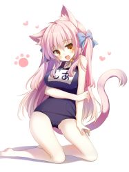 Rule 34 | 1girl, :3, :d, animal ears, blush, borrowed character, bow, cat ears, cat tail, fang, hair bow, heart, kneeling, long hair, name tag, one-piece swimsuit, open mouth, original, paw print, pink hair, school swimsuit, shia flatpaddy, smile, solo, swimsuit, tail, two side up, yamucha