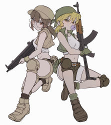 2girls, ak-47, ankle boots, assault rifle, back-to-back, bandanna, baseball cap, belt, blonde hair, boots, breasts, brown eyes, brown footwear, brown hair, brown legwear, brown shorts, bubble blowing, chewing gum, combat boots, crop top, fanny pack, fio germi, full body, glasses, gloves, green gloves, green legwear, gun, h&amp;k mp5, hat, highres, holding, holding gun, holding weapon, kasamoto eri, khakis, knee pads, looking at viewer, low twintails, lunia, medium hair, metal slug, midriff, military operator, multiple girls, navel, one knee, rifle, rimless eyewear, round eyewear, shorts, small breasts, socks, submachine gun, tank top, twintails, vest, weapon, white background, wristband