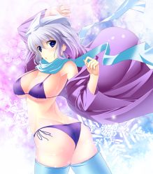 Rule 34 | 1girl, ass, bare shoulders, bikini, blue eyes, blue scarf, blue thighhighs, blush, breasts, cape, cleavage, female focus, fujino (yoshi9798174), hat, highres, large breasts, letty whiterock, light purple hair, looking at viewer, scarf, short hair, side-tie bikini bottom, solo, swimsuit, thighhighs, touhou, twisted torso