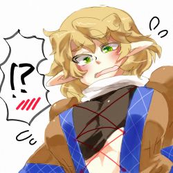 Rule 34 | !?, 1girl, bad id, bad pixiv id, blonde hair, blush, breasts, corset, eyebrows, female focus, green eyes, iroyopon, large breasts, mizuhashi parsee, pointy ears, solo, thick eyebrows, touhou, underboob, upper body, wavy mouth