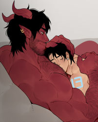 Rule 34 | 2boys, arm hair, bara, black hair, body hair, body markings, chest hair, closed eyes, colored skin, cuddling, demon boy, dominique (the devil and s-13), facial hair, hairy, horns, looking at another, male focus, multiple boys, muscular, muscular male, nude, pointy ears, red skin, size difference, sleeping, steen (the devil and s-13), stubble, suyohara, the devil and s-13, yaoi, yellow eyes