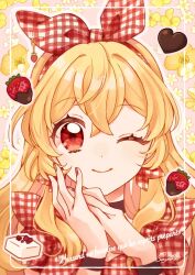 Rule 34 | 1girl, ;), aikatsu! (series), alternate costume, blonde hair, bow, candy, chocolate, chocolate heart, chocolate strawberry, closed mouth, earrings, flower, food, fruit, hair between eyes, hair bow, hairband, heart, highres, hoshimiya ichigo, jewelry, kaji sayaka (chouchou387), long hair, looking at viewer, nail polish, one eye closed, own hands together, red eyes, red nails, smile, solo, straight-on, strawberry, upper body, white flower, yellow flower