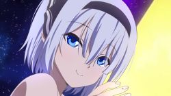 Rule 34 | 1girl, bare shoulders, black hairband, black ribbon, blue eyes, commentary request, evandragon, hair between eyes, hair ribbon, hairband, hand up, konpaku youmu, looking at viewer, night, night sky, portrait, ribbon, short hair, sidelocks, silver hair, sky, smile, solo, star (sky), starry sky, touhou