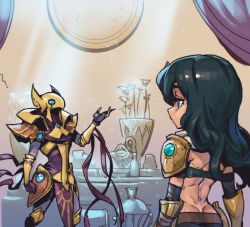 Rule 34 | 1boy, 1girl, armor, ass, azir, bird mask, black hair, clenched hand, cowboy shot, egyptian, from behind, glowing, glowing eyes, gold armor, green eyes, hand up, helmet, league of legends, long hair, looking at another, mask, phantom ix row, plant, potted plant, shoulder armor, sivir