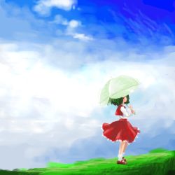 Rule 34 | 1girl, cloud, day, female focus, gradient background, green hair, kazami yuuka, lowres, nature, outdoors, plant, red eyes, skirt, sky, socks, solo, touhou, umbrella