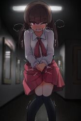 Rule 34 | 1girl, absurdres, between legs, black thighhighs, blush, bow, bowtie, brown hair, clenched teeth, commentary request, commission, hair between eyes, hand between legs, have to pee, highres, ib (ib), ib (kouri), indoors, knees together feet apart, long hair, long sleeves, medium skirt, nose blush, one eye closed, parted lips, pleated skirt, red bow, red bowtie, red eyes, red skirt, shirt, sinasimu4746, skeb commission, skirt, solo, standing, sweat, teeth, thighhighs, urine meter, white shirt
