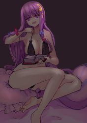 Rule 34 | 1girl, barefoot, book, bow, bra, breast rest, breasts, ch2o, colorized, crescent, crescent hair ornament, dark, female focus, frilled pillow, frills, hair bow, hair ornament, highres, large breasts, lingerie, long hair, looking at viewer, non-web source, on bed, open book, open mouth, panties, patchouli knowledge, pillow, purple eyes, purple hair, sideboob, sitting, sketch, smile, solo, touhou, underwear, underwear only