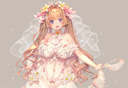 Rule 34 | 1girl, bare shoulders, blush, bow, breasts, brown hair, destiny child, dress, grey background, hair bow, hand on own chest, heket (destiny child), kkuem, large breasts, long hair, looking at viewer, open mouth, pink bow, purple eyes, simple background, smile, solo, twintails, very long hair, wavy hair, white dress