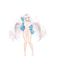 Rule 34 | 1girl, absurdres, angel wings, barefoot, bikini, blue eyes, blue jacket, blush, breasts, closed mouth, commentary request, gluteal fold, highres, jacket, legs, long hair, looking at viewer, lying, medium breasts, on back, on stomach, open clothes, open jacket, original, shenqi (toid310), simple background, smile, swimsuit, thighs, toes, white background, white bikini, white hair, white wings, wings