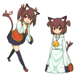 Rule 34 | 2girls, animal ears, bell, brown hair, cat ears, cat girl, cat tail, female focus, long sleeves, multiple girls, oversized clothes, red eyes, sajipen, shoes, simple background, skirt, sleeves past wrists, standing, tail, thighhighs