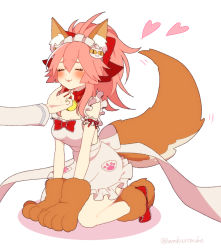 Rule 34 | 1girl, :3, animal ear fluff, animal ears, animal hands, apron, bell, blush, breasts, cat hair ornament, cat paws, cleavage, closed eyes, collar, fate/grand order, fate (series), fox ears, fox tail, gloves, hair ornament, hair ribbon, hand on another&#039;s chin, heart, highres, jingle bell, kuro no suke (kurotu962kurotu), large breasts, long hair, maid headdress, naked apron, neck bell, paw gloves, paw shoes, pink hair, ponytail, red ribbon, ribbon, shoes, simple background, solo, stroking another&#039;s chin, tail, tamamo (fate), tamamo cat (fate), tamamo cat (third ascension) (fate), white background