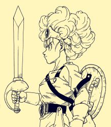Rule 34 | 1girl, belt, circlet, curly hair, dragon quest, dragon quest iv, from side, gloves, heroine (dq4), highres, lee (dragon garou), monochrome, official style, serious, sheath, shield, single glove, solo, square enix, sword, toriyama akira (style), weapon