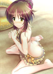 Rule 34 | 10s, 1girl, bare shoulders, barefoot, beach, bikini, bikini skirt, blush, brown hair, butt crack, collarbone, feet, frilled bikini, frills, frown, full body, hair ornament, hands on own chest, idolmaster, idolmaster cinderella girls, innertube, jewelry, long hair, looking at viewer, ment, multicolored hair, necklace, outdoors, own hands together, purple hair, sand, short hair, sitting, solo, swim ring, swimsuit, takamori aiko, two-tone hair, wariza, wavy mouth, yellow eyes