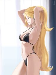Rule 34 | 1girl, absurdres, armpits, arms behind head, arms up, bikini, black bikini, blonde hair, bracelet, breasts, closed mouth, creatures (company), cynthia (pokemon), ddiyong.e, from side, game freak, grey eyes, hair lift, hair ornament, highres, jewelry, large breasts, long hair, looking to the side, navel, nintendo, o-ring, o-ring bikini, pokemon, pokemon dppt, seductive smile, smile, solo, stomach, strap gap, swimsuit, very long hair