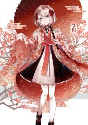 Rule 34 | 1girl, ankle boots, bare legs, blue eyes, boots, bow, branch, commentary, dress, feet out of frame, floral print, flower, hair between eyes, hair flower, hair ornament, highres, holding, kuga huna, long sleeves, looking at viewer, medium hair, original, parasol, personification, red theme, reiwa, sash, sidelocks, silver hair, sleeves past fingers, sleeves past wrists, solo, standing, umbrella, wind, x hair ornament
