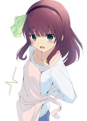 Rule 34 | 1girl, alternate costume, angel beats!, apron, arms behind back, black hairband, blunt bangs, blush, bow, casual, collarbone, commentary, cowboy shot, eyes visible through hair, floating hair, foreshortening, from above, frown, furrowed brow, green bow, green eyes, hair bow, hairband, highres, lelie (lelie link), long sleeves, looking at viewer, medium hair, nakamura yuri, open mouth, purple hair, shirt, sidelocks, simple background, solo, straight hair, upturned eyes, white background, white shirt