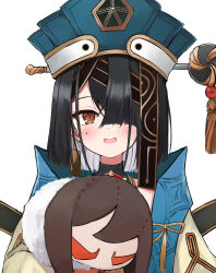 Rule 34 | 1girl, absurdres, black hair, blush, brown eyes, doll, fate/grand order, fate (series), hair over one eye, hat, highres, looking at viewer, medium hair, mole, mole under eye, open mouth, shimejirou (000kk), simple background, solo, upper body, white background, xu fu (fate), yu mei-ren (fate)