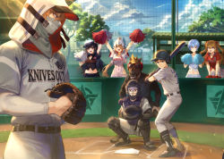 Rule 34 | 4boys, 4girls, animal ears, ayanami rei, baseball, baseball base, baseball bat, baseball cap, baseball glove, baseball helmet, baseball jersey, baseball uniform, belt, belt buckle, black footwear, black hair, black jacket, black shirt, blonde hair, blue hair, blue skirt, blue sky, boots, breasts, brown belt, brown hair, buckle, catcher, character request, cheerleader, chest protector, closed mouth, clothes writing, collared shirt, commentary request, crossover, day, fence, gloves, hat, helmet, highleg, highleg leotard, highres, holding, hood, hood up, horse head, ikari shinji, jacket, jersey, knives out, layered sleeves, leotard, long hair, long sleeves, looking at viewer, mashuu (neko no oyashiro), mask, midriff, mouth mask, multiple boys, multiple girls, nagisa kaworu, navel, neon genesis evangelion, open mouth, outdoors, pants, pitcher (container), pitching, pleated skirt, pom pom (cheerleading), red eyes, red hair, shirt, short hair, short sleeves, skirt, sky, smile, souryuu asuka langley, sportswear, squatting, standing, sweat, t-shirt, white jacket, white leotard, white pants, white shirt