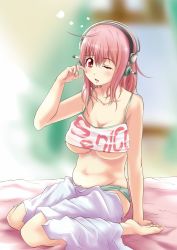 Rule 34 | 1girl, belly, blush, breasts, female focus, gradient background, headphones, highres, kenmomen, large breasts, long hair, looking at viewer, messy hair, nitroplus, one eye closed, open mouth, pink hair, plump, red eyes, sitting, sleepy, solo, super sonico, underboob, waking up, wariza