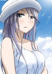 Rule 34 | 1girl, absurdres, artist name, bird, blue eyes, blue sky, blush, casual, closed mouth, cloud, cloudy sky, commentary, dated, day, dixie cup hat, dress, flint (girls und panzer), frown, girls und panzer, half-closed eyes, hat, highres, long hair, looking at viewer, military hat, outdoors, seagull, silver hair, sky, solo, sundress, sweat, sweatdrop, tonan leopard, upper body, white dress, white hat