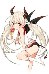 Rule 34 | 1girl, adjusting clothes, adjusting legwear, blonde hair, candy, cho (ss), demon horns, demon tail, food, hair ornament, highres, horns, lollipop, long hair, looking at viewer, official art, pointy ears, red eyes, renee (soccer spirits), skull hair ornament, soccer spirits, socks, solo, standing, standing on one leg, tail, transparent background, twintails, white socks, wings