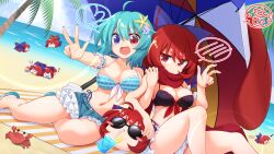 Rule 34 | 2girls, beach, bikini, bikini under shorts, black bikini, blue bikini, blue eyes, blue hair, bow, breasts, cleavage, commentary request, commission, crab, cup, disembodied head, drinking glass, eating, flip-flops, frills, full body, hair bow, heart, heterochromia, karakasa obake, large breasts, looking at viewer, muchin jousha, multicolored umbrella, multiple girls, multiple heads, navel, open mouth, red eyes, red hair, red scarf, ribbon-trimmed bikini, salute, sandals, scarf, sekibanki, sekibanki (dullahan on the beach), shell hair ornament, short hair, single sandal, skeb commission, smile, spoken blush, spoken heart, starfish hair ornament, striped bikini, striped clothes, sunglasses, swimsuit, tatara kogasa, tatara kogasa (beach umbrella castaway), tongue, touhou, touhou lostword, umbrella