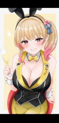 Rule 34 | 1girl, absurdres, animal ears, blonde hair, blush, bow, bowtie, breasts, bunny garden, champagne flute, cleavage, commentary request, cup, detached collar, drink, drinking glass, fake animal ears, flower, gradient hair, grin, hair flower, hair ornament, highres, holding, holding drink, large breasts, long hair, looking at viewer, multicolored hair, pencil skirt, pink hair, purple eyes, rabbit ears, rin (bunny garden), side ponytail, skirt, smile, solo, wachikumori, wrist cuffs, yellow bow, yellow bowtie, yellow skirt