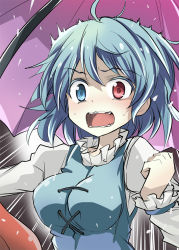 Rule 34 | 1girl, blue eyes, blue hair, blue vest, blush, bouncing breasts, breasts, colored eyelashes, commentary request, heterochromia, juliet sleeves, karakasa obake, large breasts, long sleeves, looking at viewer, matching hair/eyes, open mouth, puffy sleeves, red eyes, short hair, solo, suichuu hanabi, surprised, tatara kogasa, touhou, umbrella, upper body