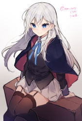 Rule 34 | 1girl, black jacket, blue eyes, brown thighhighs, capelet, closed mouth, collared shirt, earrings, garter straps, grey skirt, ikeuchi tanuma, jacket, jewelry, long hair, long sleeves, looking at viewer, miniskirt, neck ribbon, original, purple capelet, ribbon, shirt, simple background, sitting, skirt, smile, solo, thighhighs, twitter username, two-sided capelet, two-sided fabric, white background, white hair, white shirt, wing collar