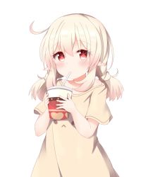 Rule 34 | 1girl, bare shoulders, blush, brown dress, cup, dress, drinking, drinking straw, genshin impact, hair between eyes, holding, holding cup, klee (genshin impact), long hair, low twintails, off shoulder, pointy ears, red eyes, short sleeves, sidelocks, simple background, solo, tutsucha, tutsucha illust, twintails, white background