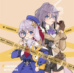 Rule 34 | 2girls, absurdres, alternate costume, beret, blue eyes, detective, fu hua, fu hua (hawk of the fog), fu hua (valkyrie accipiter), grey hair, hat, highres, homu (honkai impact), honkai (series), honkai impact 3rd, looking at viewer, magnifying glass, monocle, multiple girls, pipe in mouth, simple background, smoke, smoking, smoking pipe, theresa apocalypse, theresa apocalypse (valkyrie pledge), tutou jiang, white hair, yellow background
