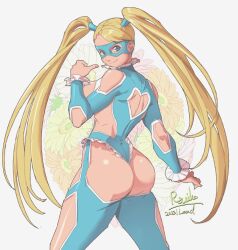 Rule 34 | 1girl, ass, ass cutout, ass focus, bare shoulders, blonde hair, breasts, clothing cutout, flower, from behind, heart, huge ass, large breasts, long hair, mask, osanpogakari, rainbow mika, revealing clothes, street fighter, thong, twintails, very long hair