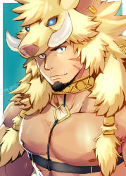Rule 34 | 1boy, abs, animal hood, bara, bare pectorals, beard, blue background, blue eyes, boar hood, brown hair, chest harness, collar, facial hair, facial mark, fang, glowing, glowing eyes, gullinbursti (housamo), harness, hat, highres, hood, jewelry, large pectorals, long sideburns, looking at viewer, male focus, muscular, nipples, open clothes, pectorals, scar, sideburns, simple background, sky (sora no gomibako), smile, solo, tokyo houkago summoners