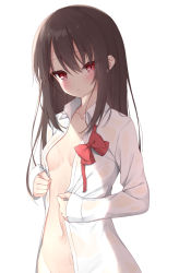 Rule 34 | 1girl, bad id, bad pixiv id, bow, bowtie, breasts, brown hair, collarbone, collared shirt, groin, kamu (geeenius), long hair, long sleeves, looking at viewer, naked shirt, navel, open clothes, open shirt, original, red bow, red bowtie, red eyes, shirt, simple background, slit pupils, small breasts, solo, stomach, upper body, wet, white background, white shirt