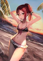 Rule 34 | 1girl, armpits, arms up, bangle, bare arms, beach, bikini, black bikini, blush, bracelet, breasts, cleavage, closed mouth, collarbone, commentary request, dusk, dutch angle, evening, footprints, frilled bikini, frills, front-tie bikini top, front-tie top, gradient sky, hair between eyes, hair ornament, hair tie, hairclip, highres, jewelry, lips, long hair, looking back, love live!, love live! sunshine!!, medium breasts, mouth hold, navel, ocean, outdoors, palm tree, pink ribbon, ponytail, red hair, ribbon, sakurauchi riko, sand, sidelocks, sky, smile, solo, sunga2usagi, sunlight, swimsuit, thighs, tree, tying hair, water, wet, wet hair, yellow eyes